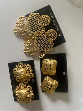 Gold Tone Statement Earrings Trio - Basketweave, Knot & Woven Styles